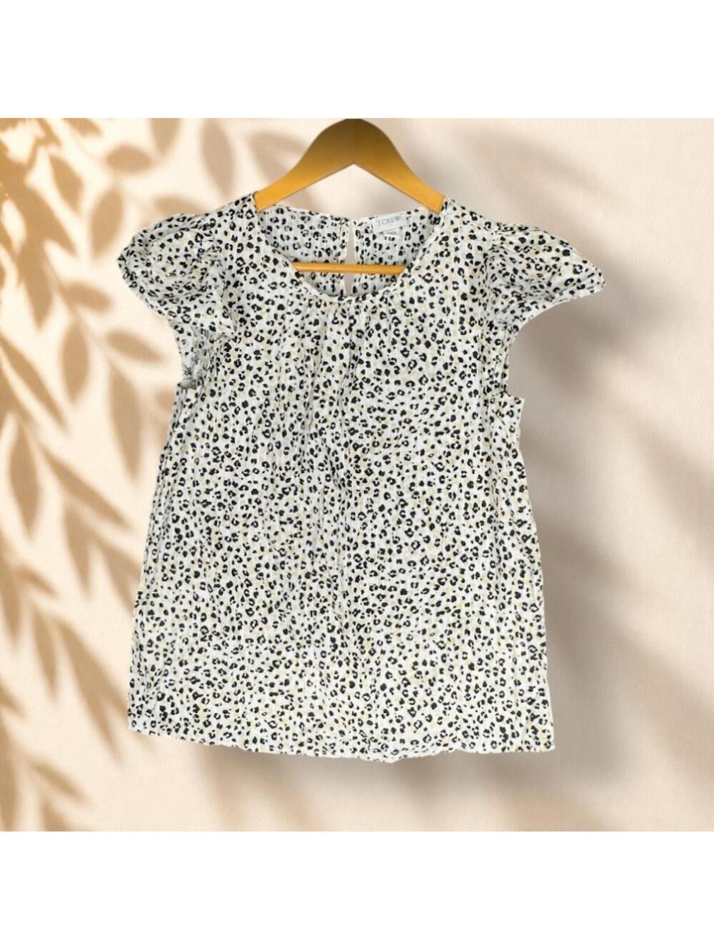 J. Crew Blouse Women 2XS White Animal Print Short Sleeve Hook & Eye Casual